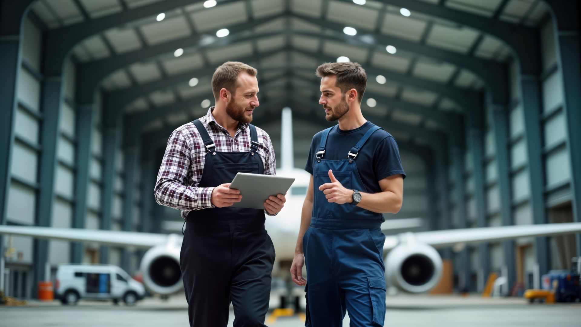 Two men talking infront of an airplane