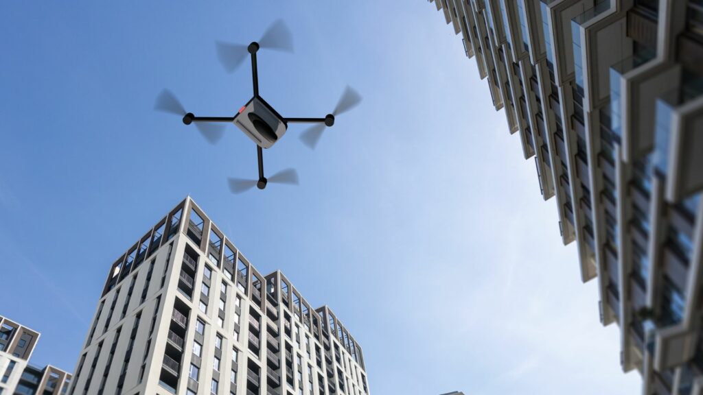 Drone flying between buildings