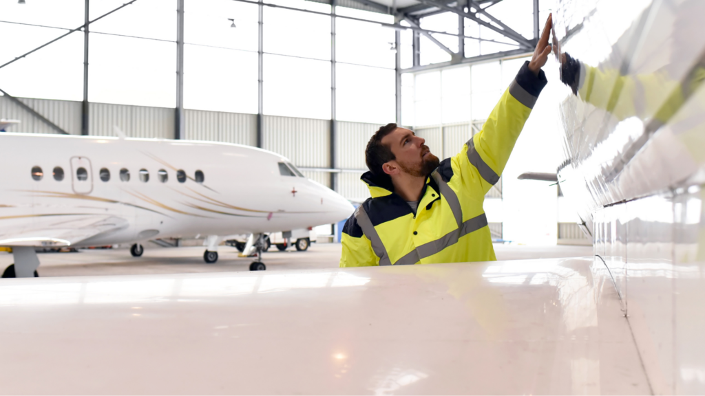 A man is touching an airplane